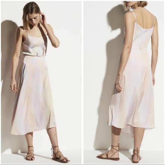 Vince Dresses & Skirts - VINCE Rainbow Wash Drape Asymmetric Midi Skirt pastel pink slip skirt